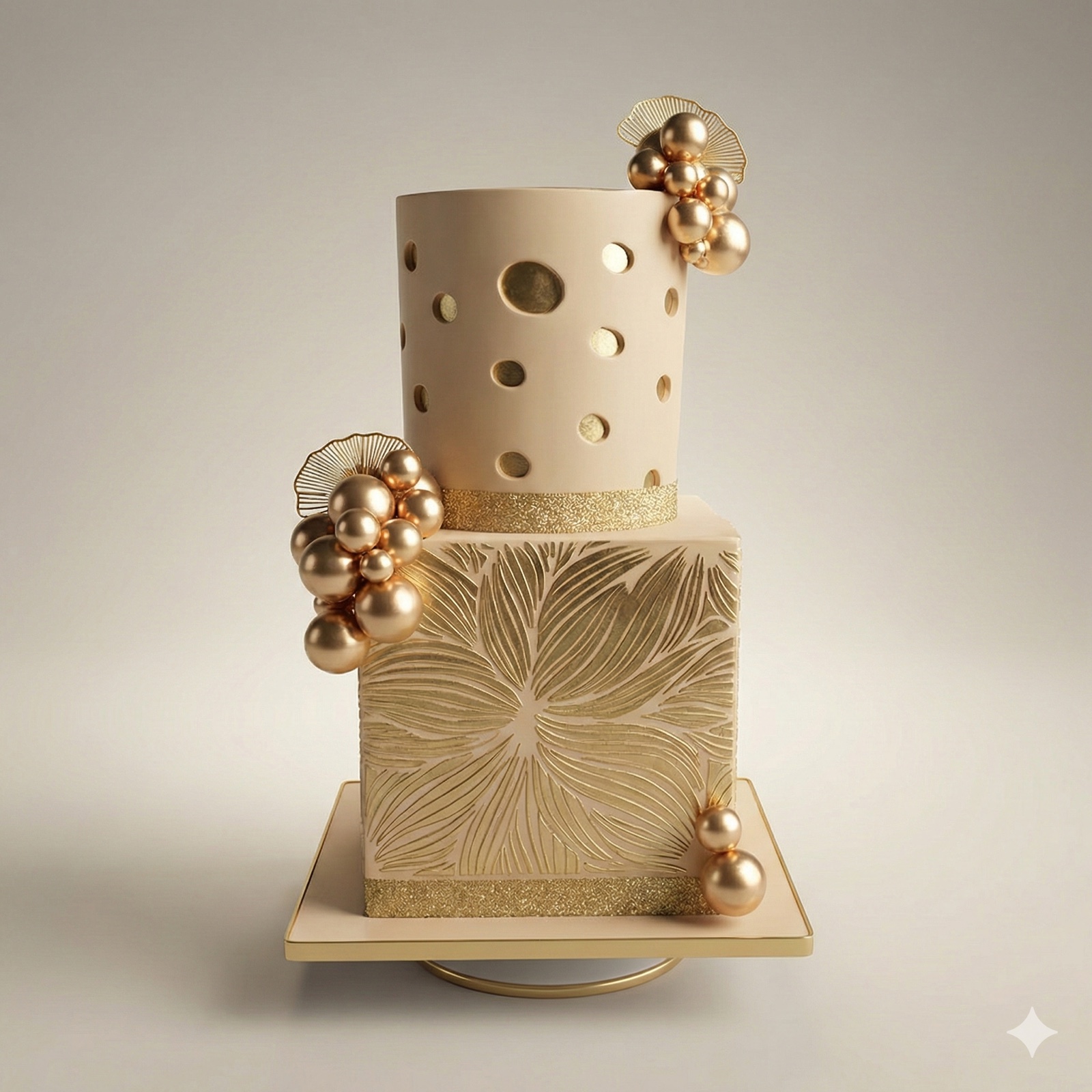 An elegant two-tier cream and gold celebration cake